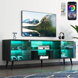 Modern 68in Led TV Stand With Glass Shelves And Doors