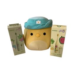 2 ORDO Sonic Kids Battery Toothbrush - Squishmallows Wanda - Yellow and Rutabaga green  Squishmallow stuffed animal  