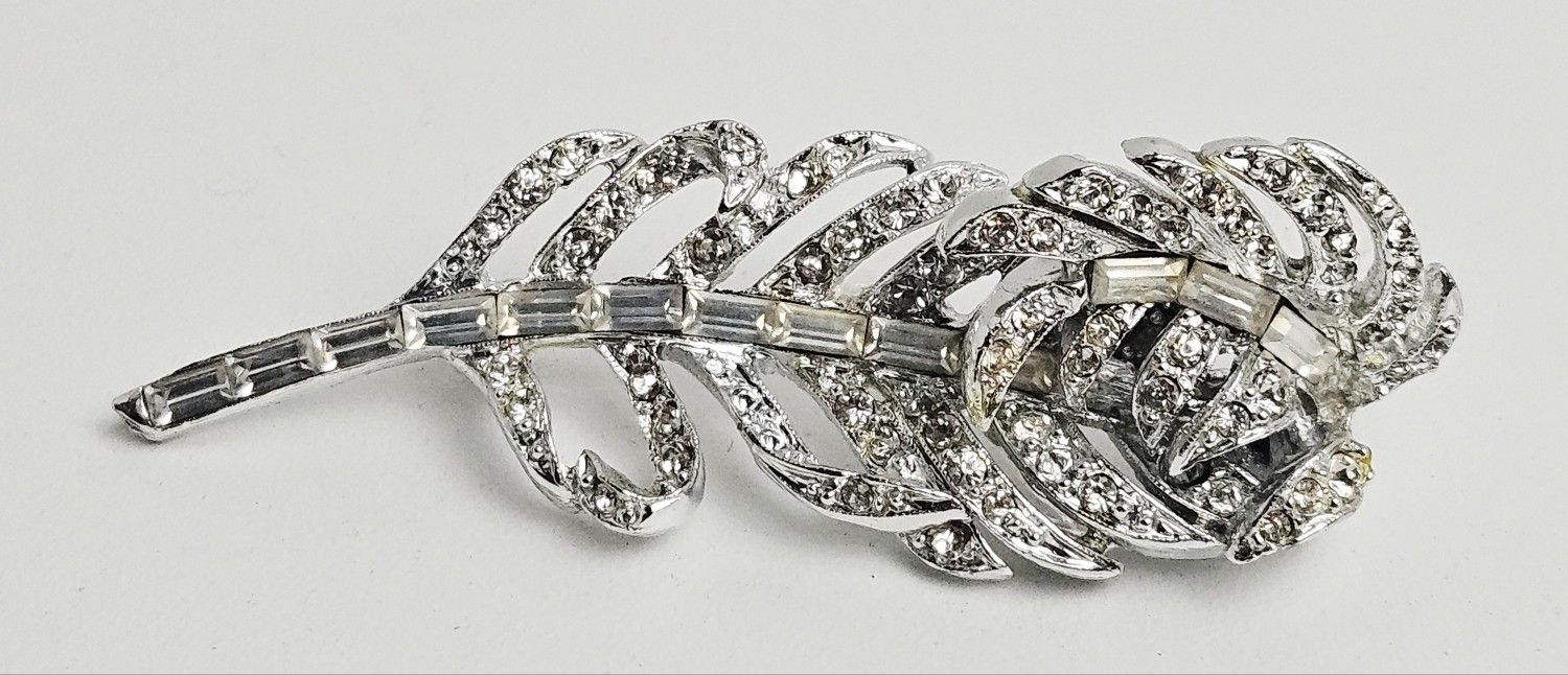 Vintage Rhinestone Leaf Brooch 1950s "PELL" Designer Signed