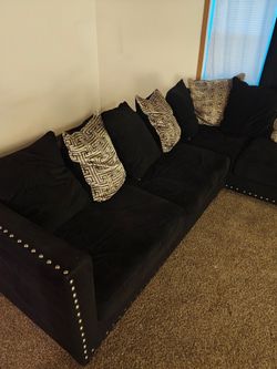 Large Black Velvet Sectional Sofa with Nailhead Trim
