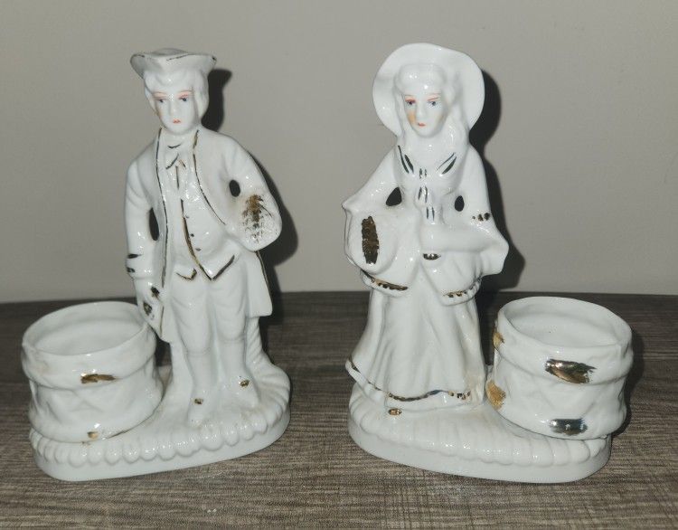 Vintage Small Porcelain Figurine Candle Holders with Gold Accents