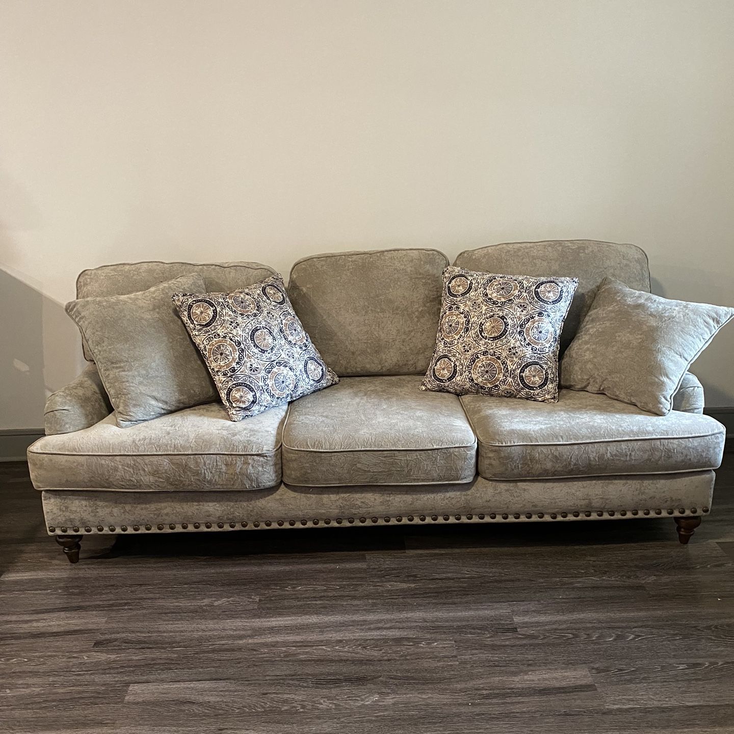 Modern Elegance Loveseat & Couch - Gently Used, Grayish-Tan with Bronze Accents