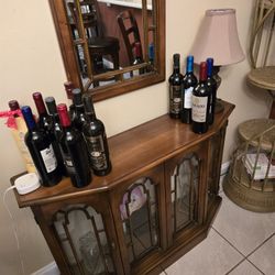 Vintage Wood and Glass Display Cabinet with Matching Mirror
