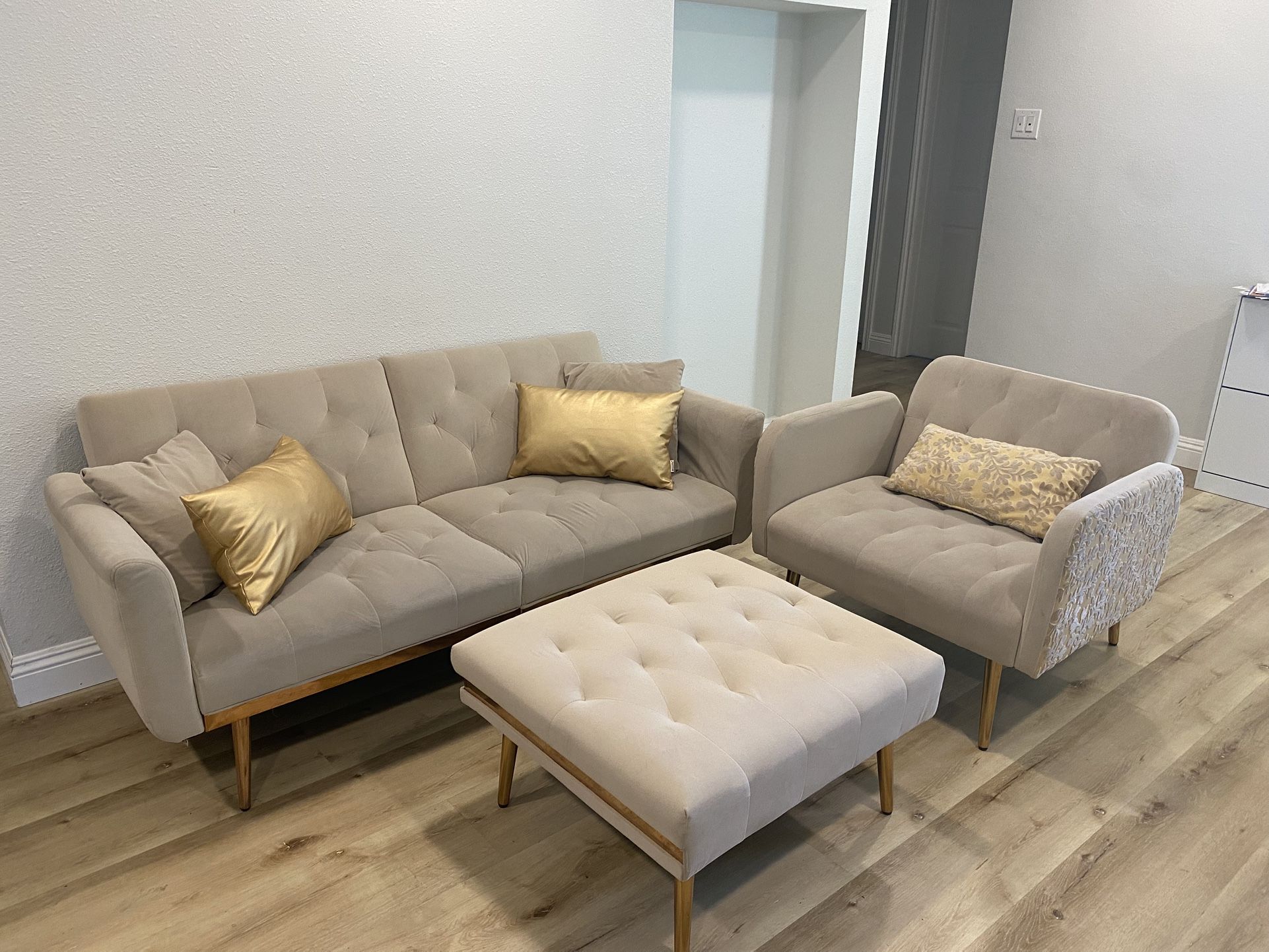 Suede Futon Couch and Accent Chair with Large Ottoman (Pillows Included) | $300 