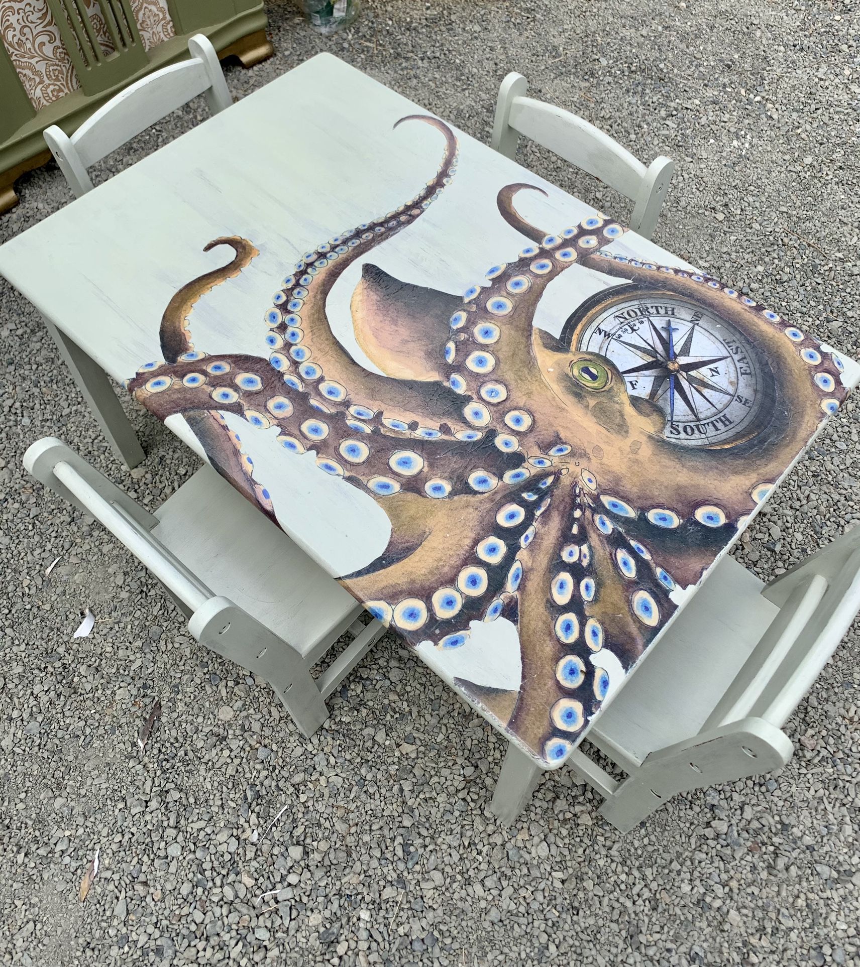 Wood Children’s Table With Four Chairs Nautical Nusery Decor Octopus
