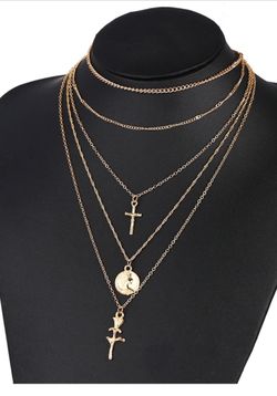 Rose Flower Cross Round Chain Pendant Multilayer Necklace