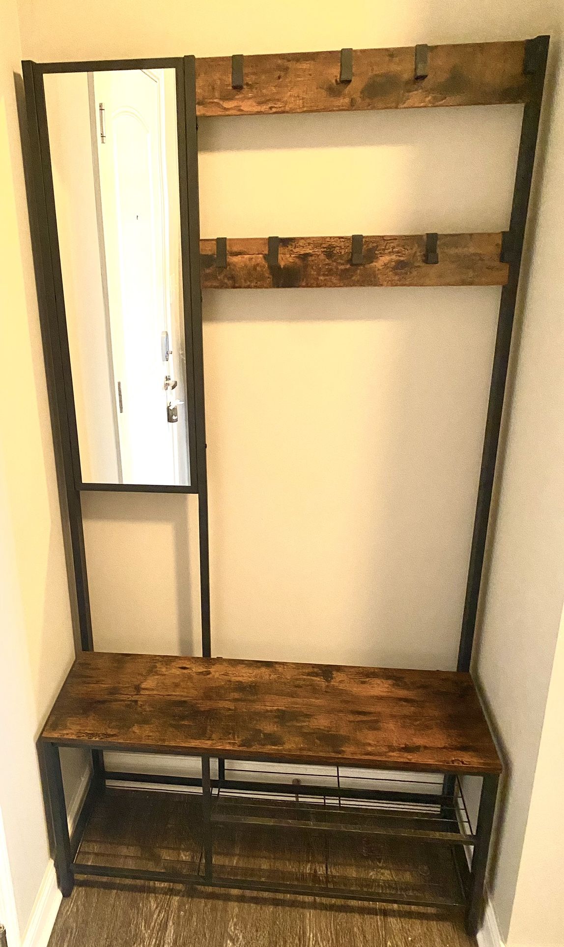 Hall Tree With Mirror, Hooks, Bench, And Storage