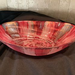 Beautiful Red Pink Silver Swirl Reverse Painted Decorative Serving Bowl