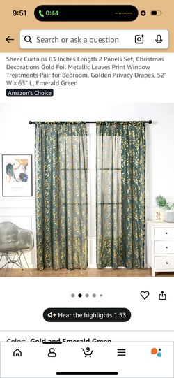 Sheer Curtains 63 Inches Length 2 Panels Set, Christmas Decorations Gold Foil Metallic Leaves Print Window Treatments