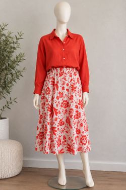 H&M Red Linen Shirt & Floral Skirt Set M L