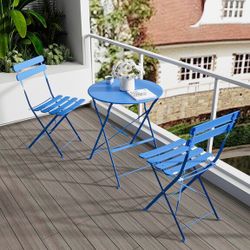 3-Piece Metal Round Outdoor Bistro Set with 2 Slat Patio Folding Chairs in Blue [NEW]