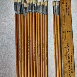 Vintage Artist’s Quality Paint Brushes Lot of 15 Flat with White Bristles