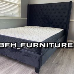 Queen Black Chanelle Wingback Platform Bed w. Orhopedic Mattress Included 