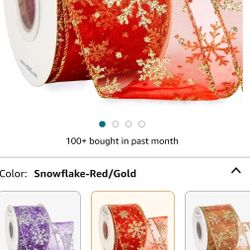 Snowflake Glitter Wired Ribbon, Red Organza Sheer Ribbon with Gold Glitter Snowflake Pattern and Metallic Edge,2-1/2 Inch x 20 Yards Christmas Ribbon 
