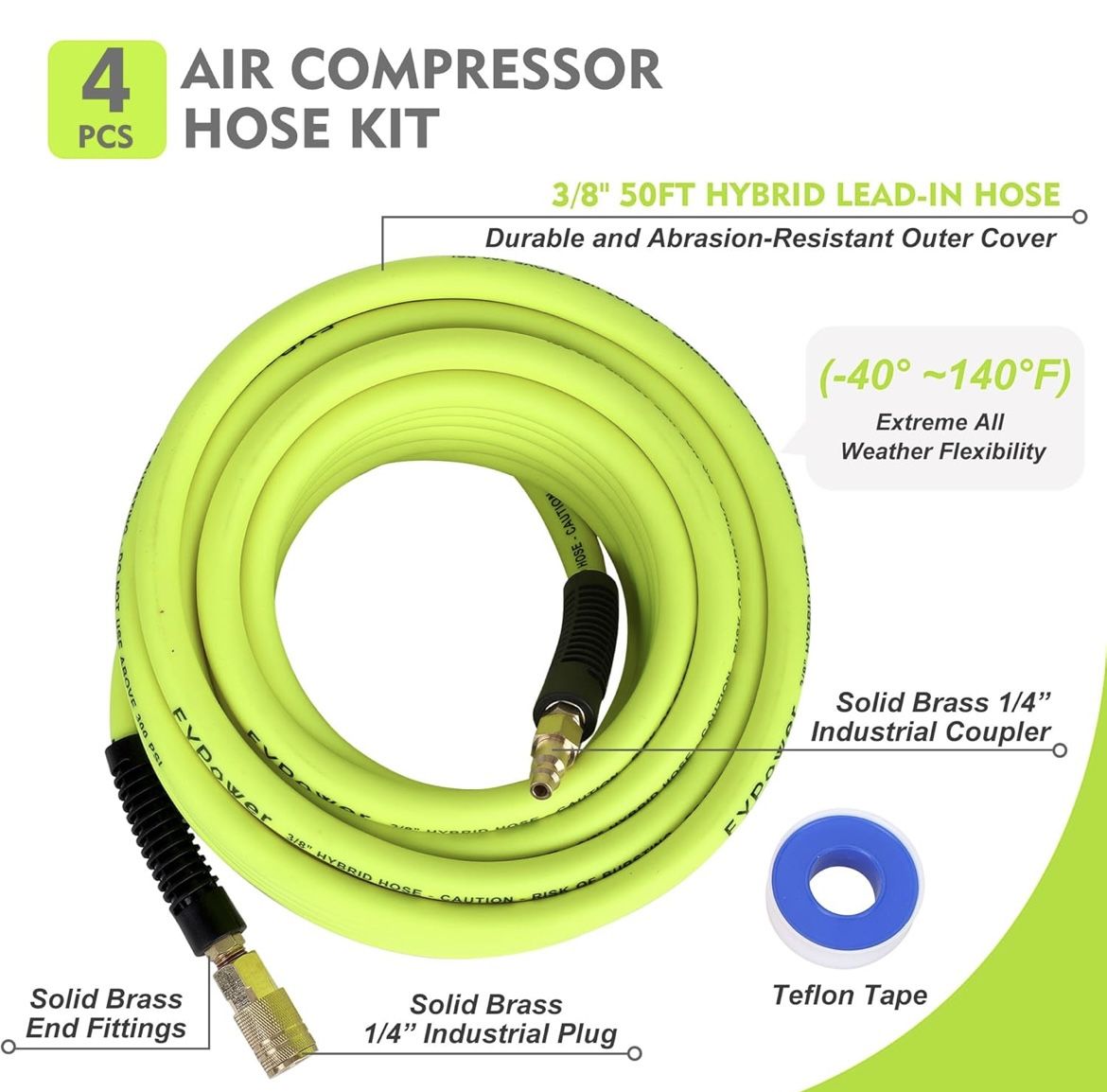 New Air Compressor Hose 3/8 Inch x 50 Feet Hybrid Hose with Fittings, Flexible and Kink Resistant, 1/4" Industrial Quick Coupler and Plug Kit - Green