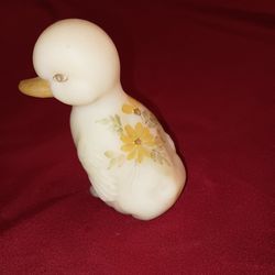 Adorable Vintage Fenton Custard Glass Duckling with yellow daisies