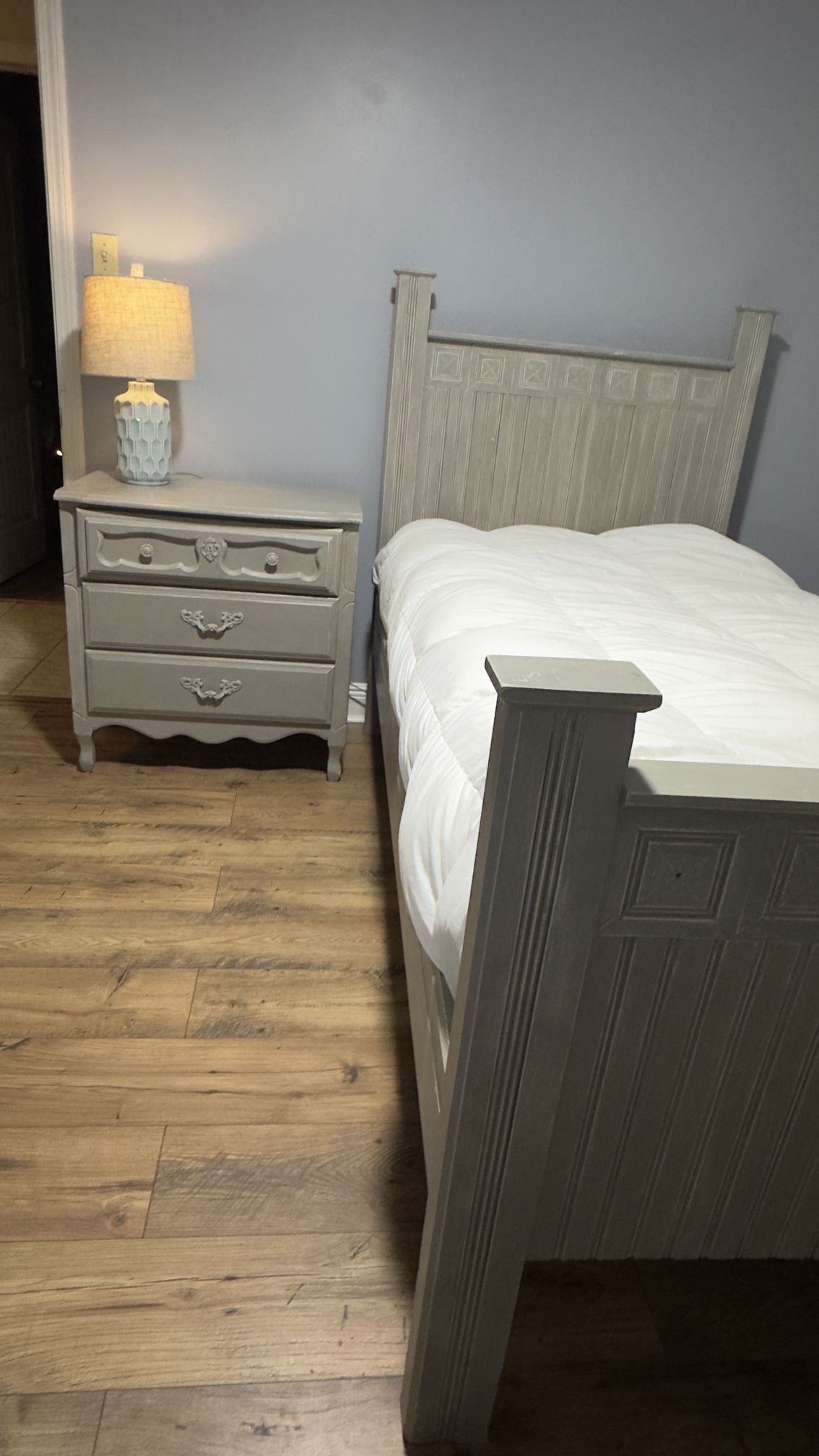 Twin bed - Nightstand - Mattress - Foam topper - Comforter + more