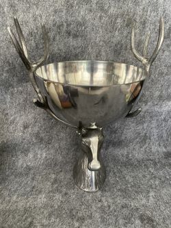 Large Stag Head Antler Punch Bowl 18” Deer Champagne Wine Cooler Rustic Lodge Dé