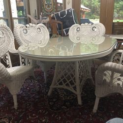 Ficks Reed Dining Table, 4 Matching Wicker Chairs, Wicker Sofa & Wicker Arm Chair