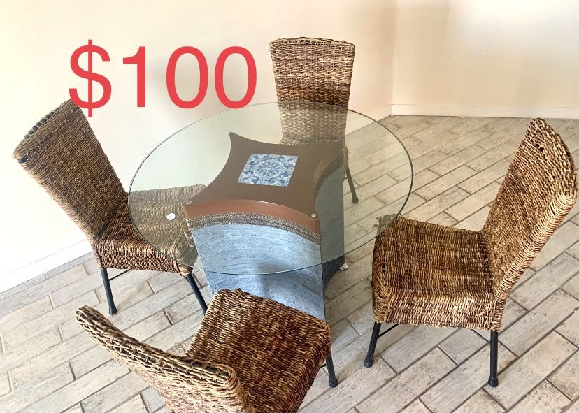 PIER 1 Imports Round Dining Table With Mosaic And 4 Rattan Wicker