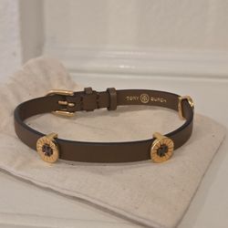 Brand New Tory Burch Britten Rolled Brass Brown Enamel Single Wrap Leather Bracelet