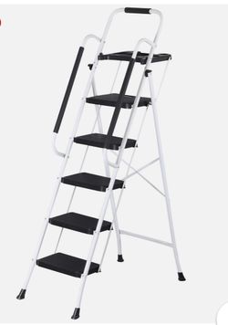 Title 5 Step Ladder Folding Steel Step Stoo w/Non-Slip Wide Pedal and Tool Tray White