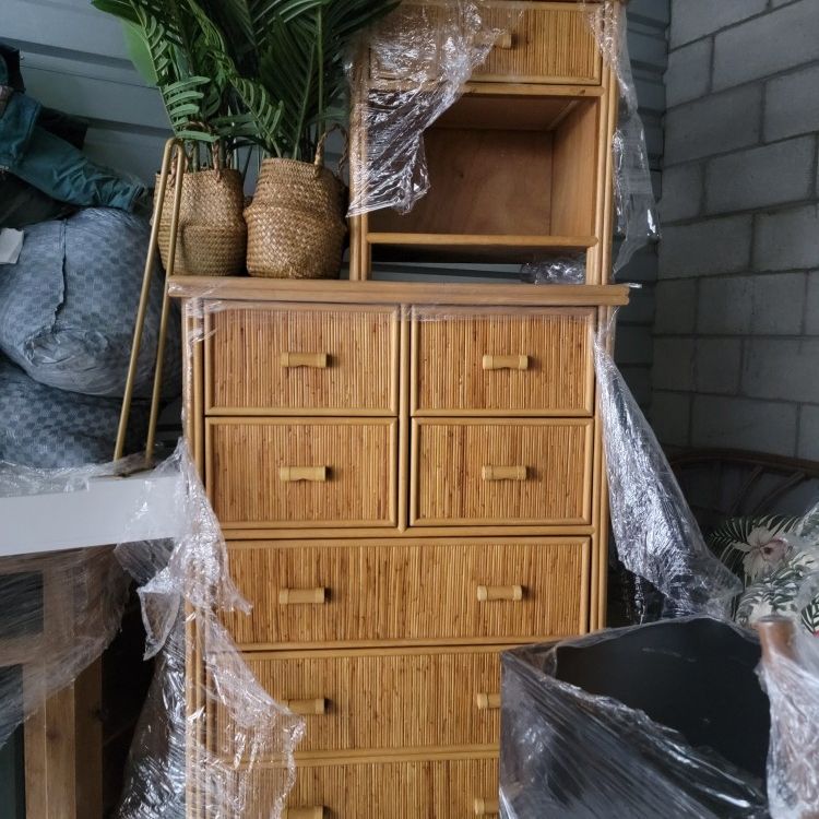 Vintage Split Reed Bamboo Dresser Tallboy And Nightstand Bedroom Set MCM