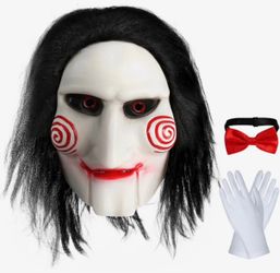 Jigsaw Billy Mask The Scary Puppet Clown Mask with Adjustable Red Bow Tie & White Gloves