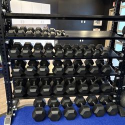 HEX RUBBERIZED DUMBBELL SET 5-100#’s