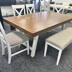 Free delivery 😍 Brand new white & grey wooden dining table set W/ 4 chairs & 1 bench | Pay after delivery 🚚