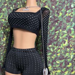 Two Piece Short Set With Long Sleeve Crop With Rhinestones