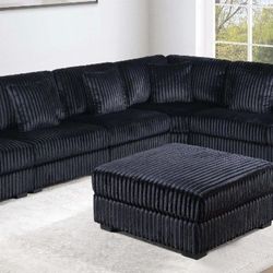 Brand New Black Corduroy Modular Sectional Sofa w Ottoman