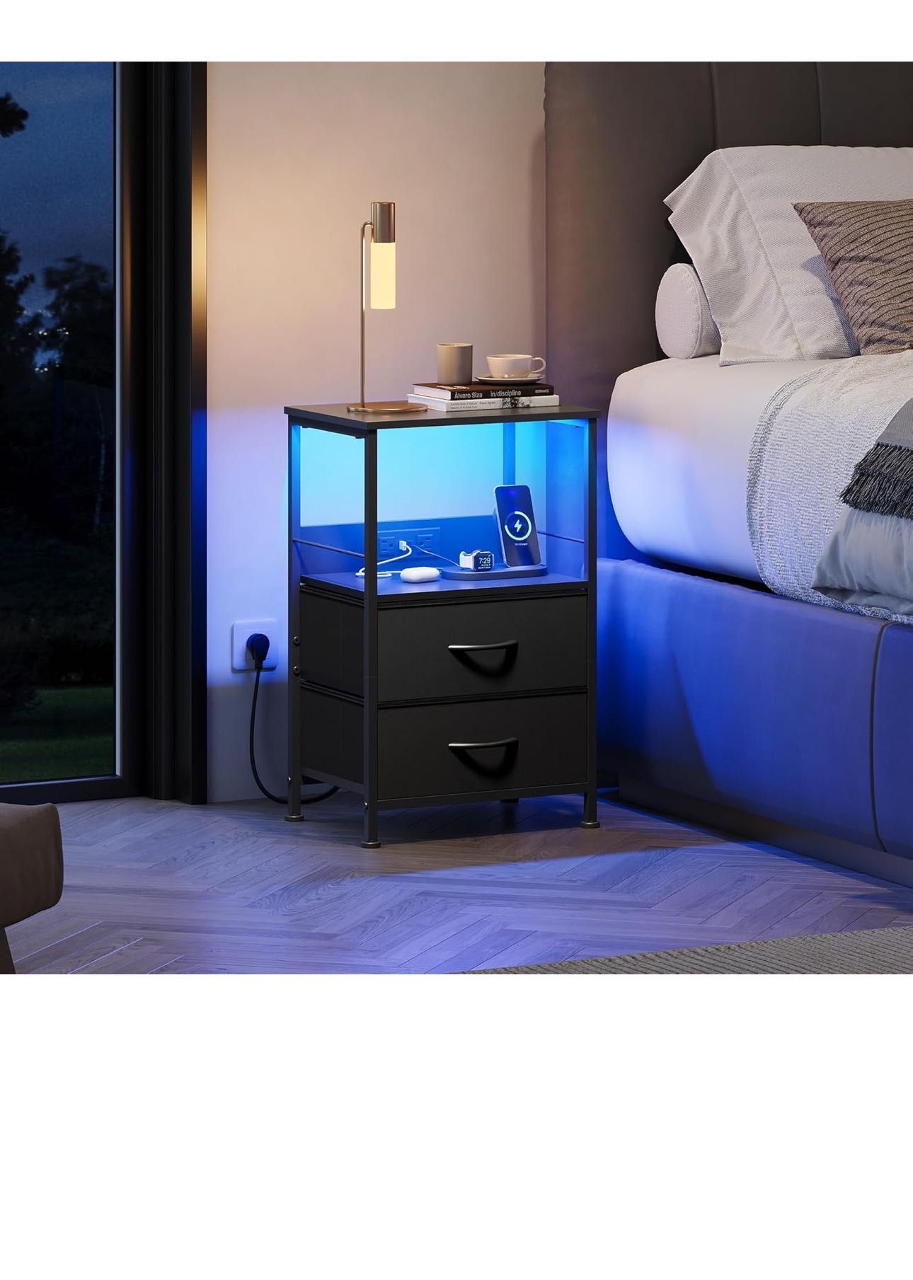 Night Stand with Charger Station, Black Nightstand with 2 Fabric Drawers and Storage Shelf, LED Bedside Table, Bedroom Small End Tables with 3 USB Por