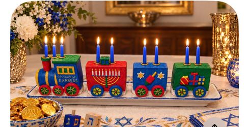 Judaica-Hanukkah Express-porcelain train set menorah-NOT a toy-in original box