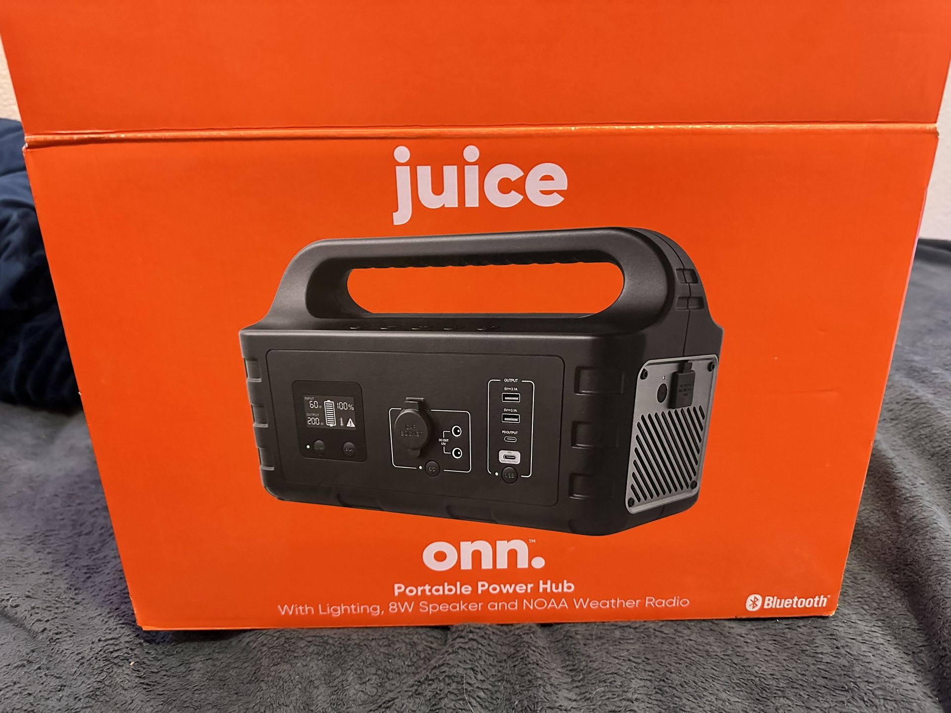 Juice Onn. Portable Power Hub W/ Lighting.8w Speaker &NOAA Weather Radio