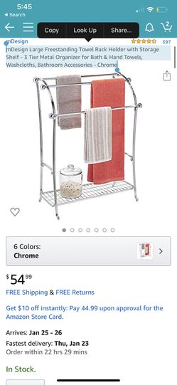 mDesign Large Freestanding Towel Rack Holder with Storage Shelf - 3 Tier Metal Organizer for Bath & Hand Towels, Washcloths, Bathroom Accessories - C