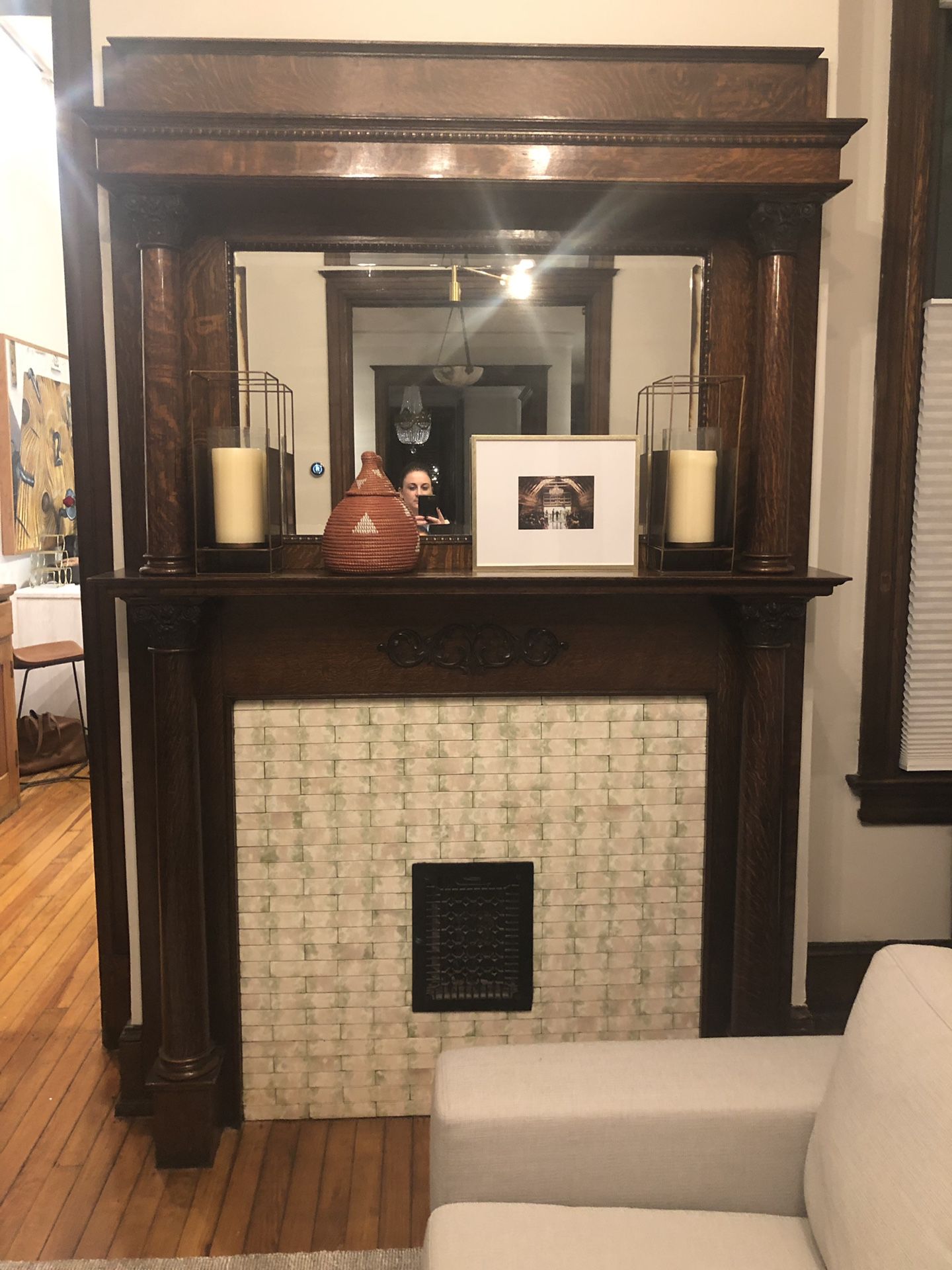Vintage fireplace mantel with original mirror