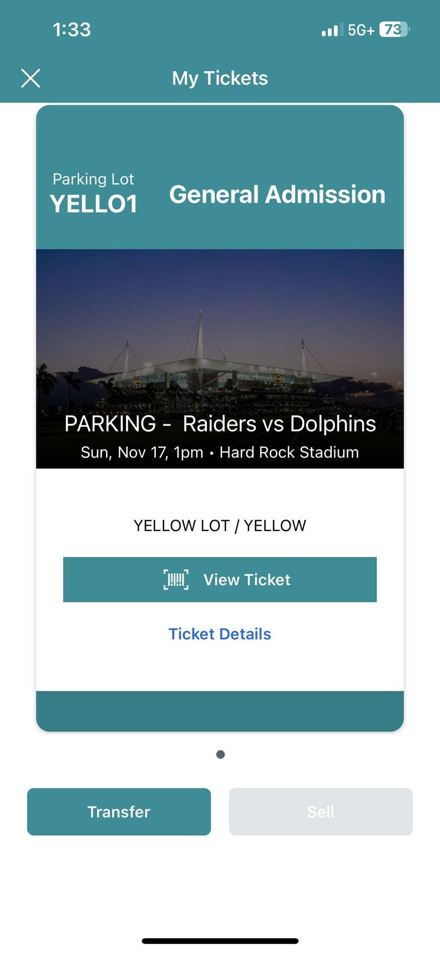 Yellow Parking Pass For Raiders Vs. Dolphins
