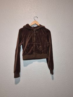John Galt Brown Velour Full Zip Up Crop Hoodie And Pants Set Size: Small