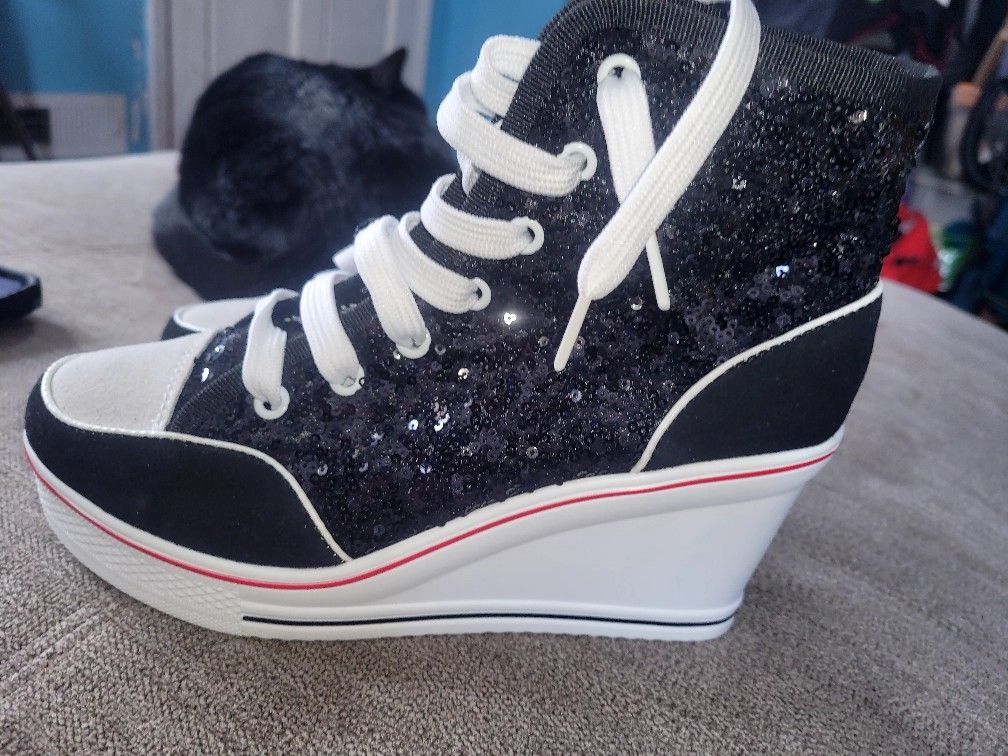 Women's Canvas High-Heeled Bling Shoes Casual Shoes Fashion Sparkling Sneakers for Walking Platform Wedges Pump Shoes