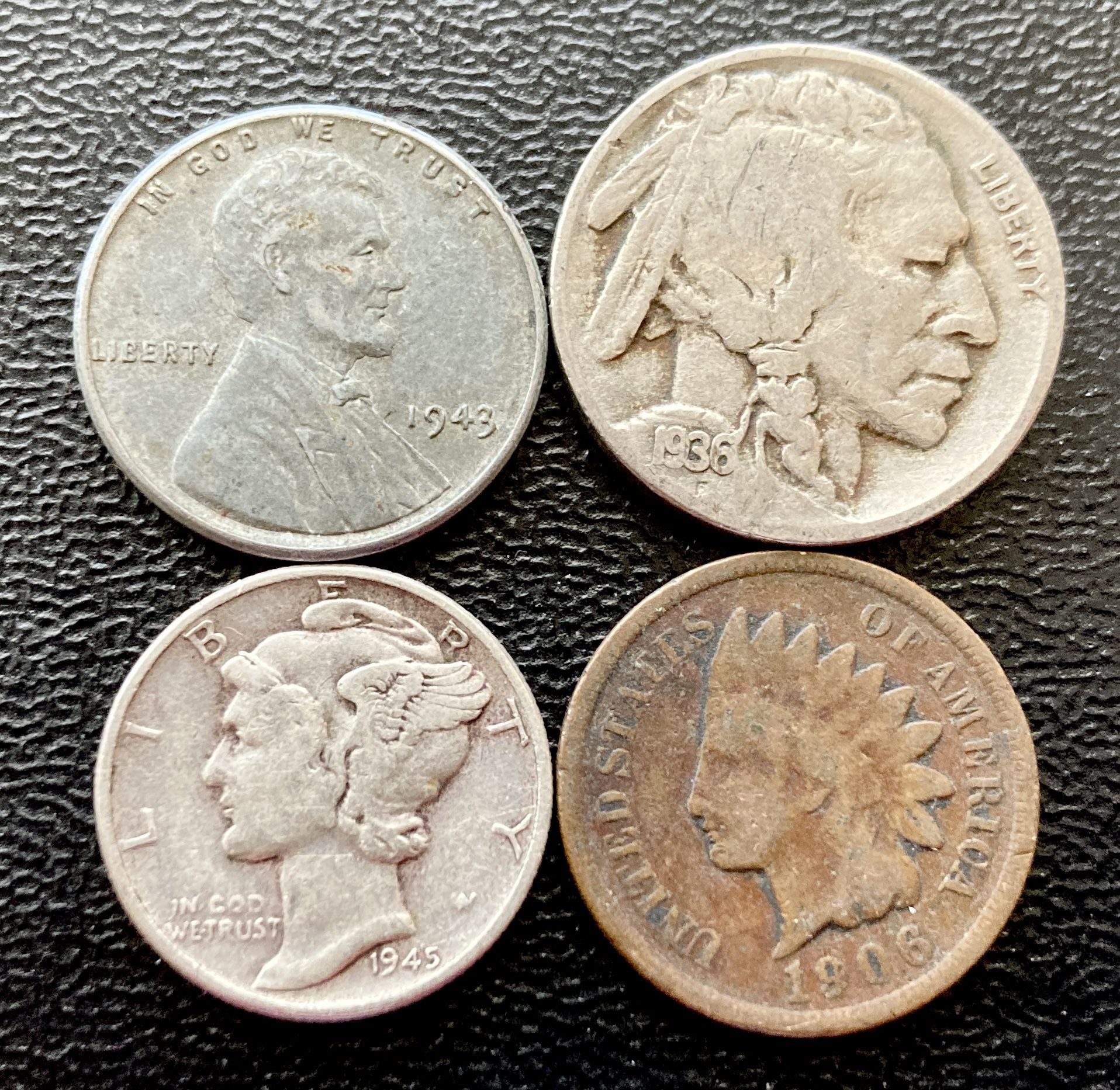 Indian Head Penny Buffalo Nickel 1943 Steel Cent Mercury Dime Four (4) Coin Set Collection Coins