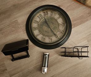 Oil Rubbed Bronze Restroom Decor - wall clock, wall soap dispenser, corner shower caddie, & wall mount toilet paper holder w/shelf and wipe storage  -