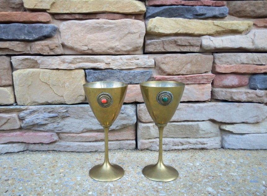 Vintage Brass Jeweled Goblets 