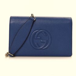 GUCCI Mini Soho Pebbled Leather Wallet On Chain Bag Blue Brand New