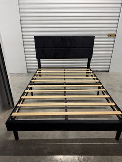 Black Upholstered Platform Bed Frame with Headboard