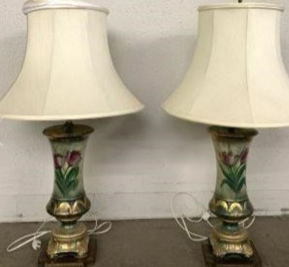 2 Each Vintage Hand Painted Lamps With Metal Base