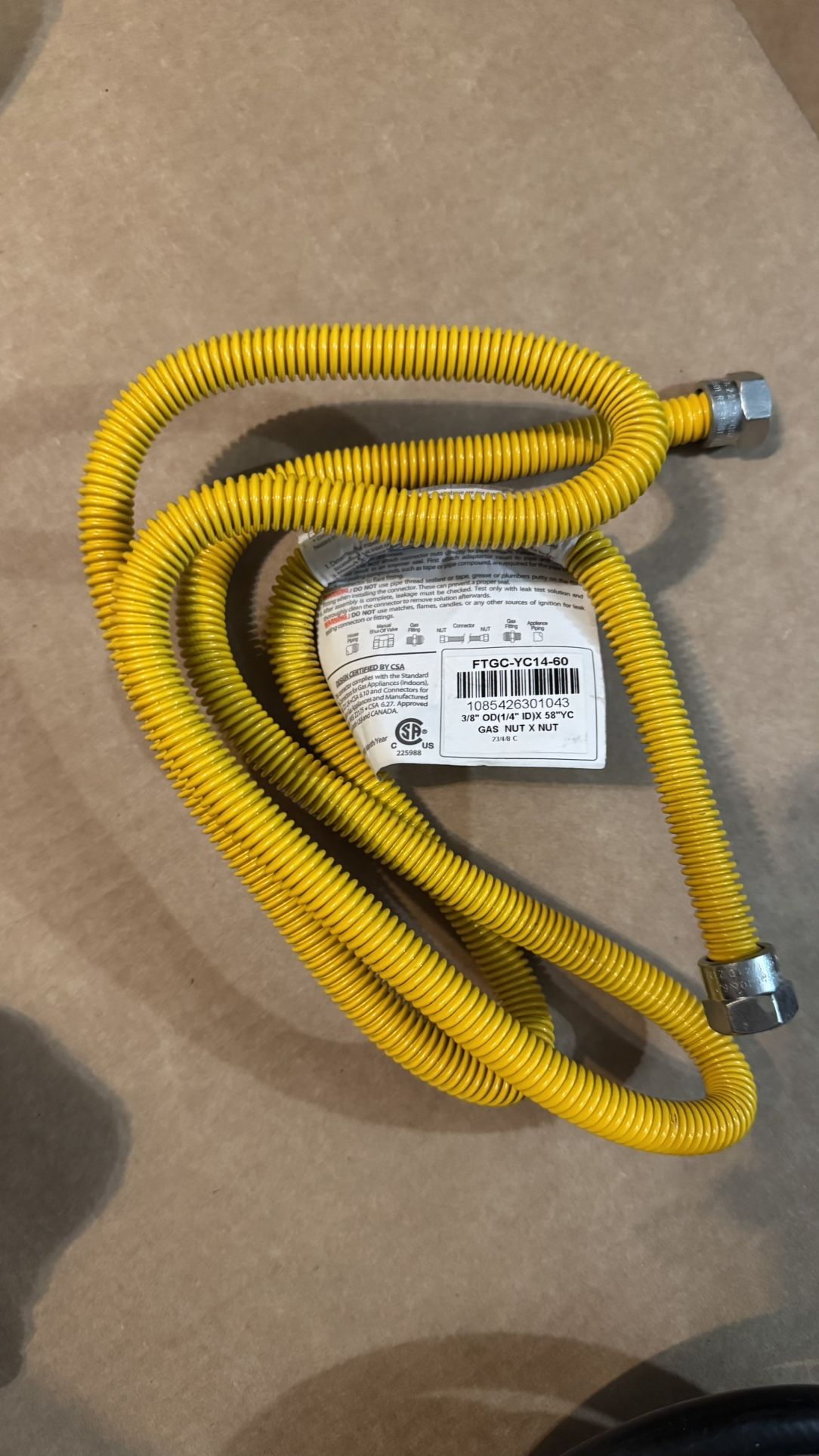 Gas Appliance Connector Hose 58” — 1/4” ID (3/8” OD) Nut x Nut