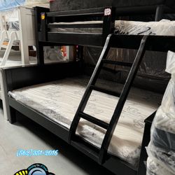 Twin XL Over Queen Bunk Bed Black Heavy Duty Wood With Mattresses Bundle Set 