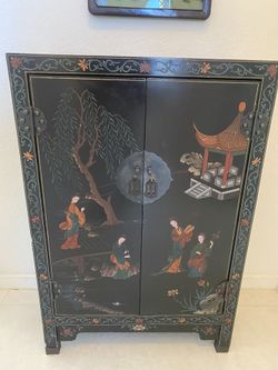 Early 20th Century Hand-Painted Chinese Black Lacquer Two-Door Cabinet