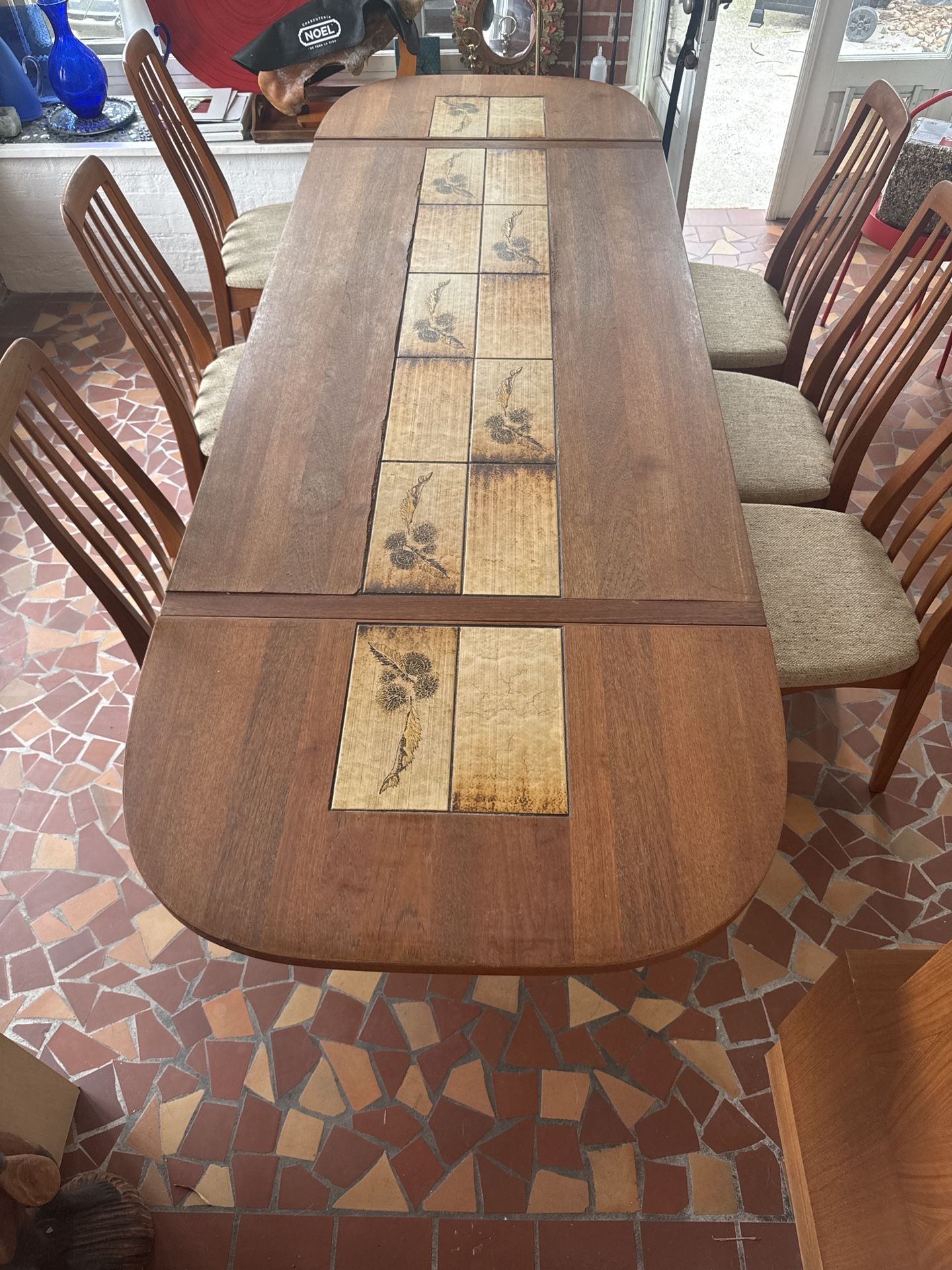 Vintage Mid-Century Dining Table w/ Tile Inlay + 6 Chairs - $400
